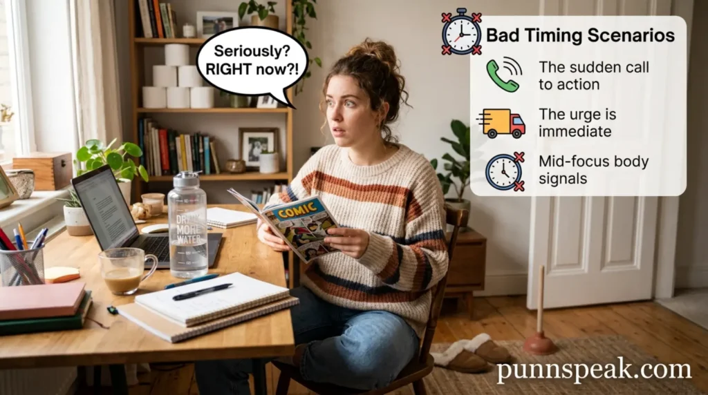 Unexpected bathroom timing humor moments